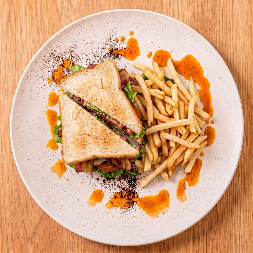 Club sandwich with bacon, lettuce, and tomato, served with a side of french fries.