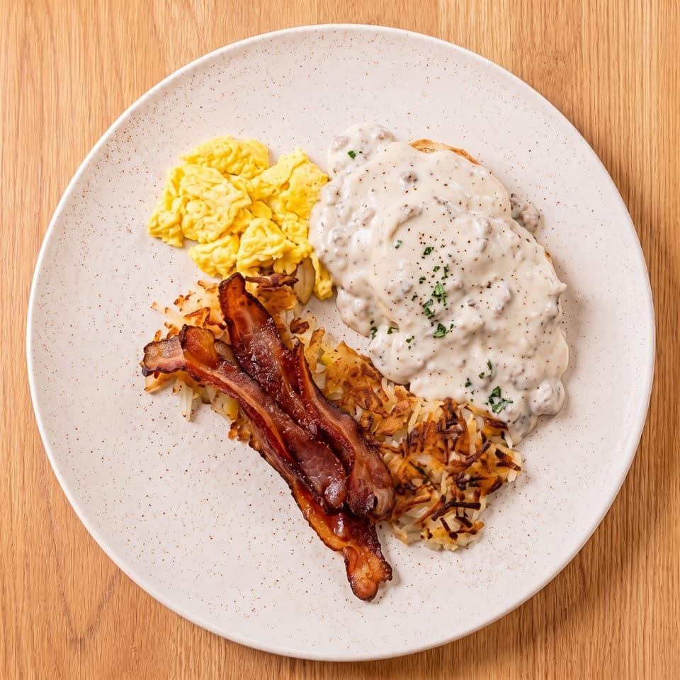 Breakfast plate with biscuits and gravy, scrambled eggs, crispy bacon, and hash browns.