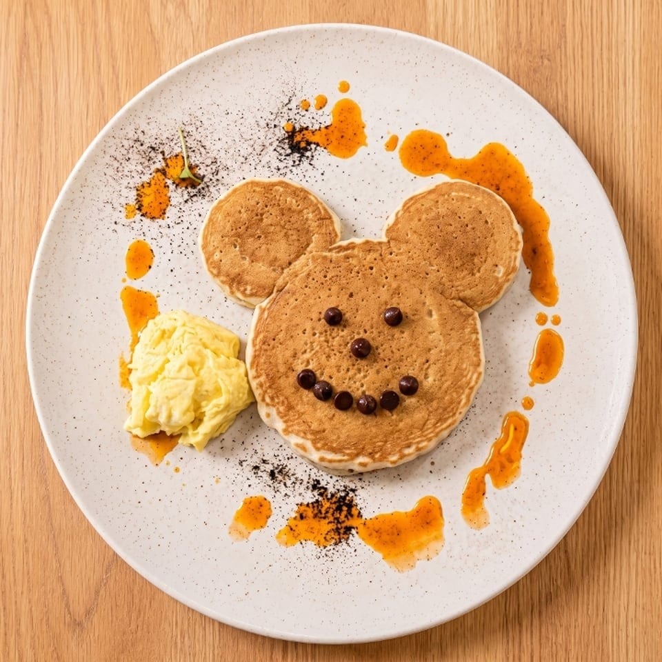 Mickey Mouse shaped pancakes with chocolate chip eyes and mouth, scrambled eggs, and syrup.