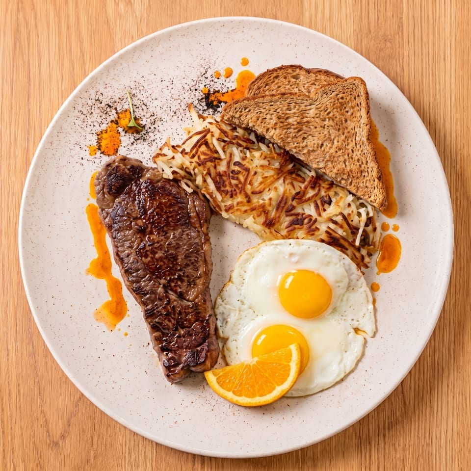 Steak and eggs breakfast with hash browns, toast, and an orange slice on a white plate.