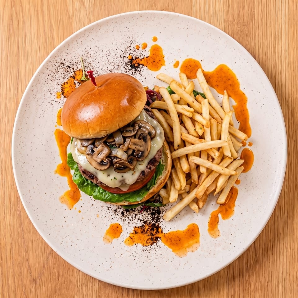 Mushroom Swiss burger with lettuce, tomato, and fries, drizzled with sauce on a white plate.