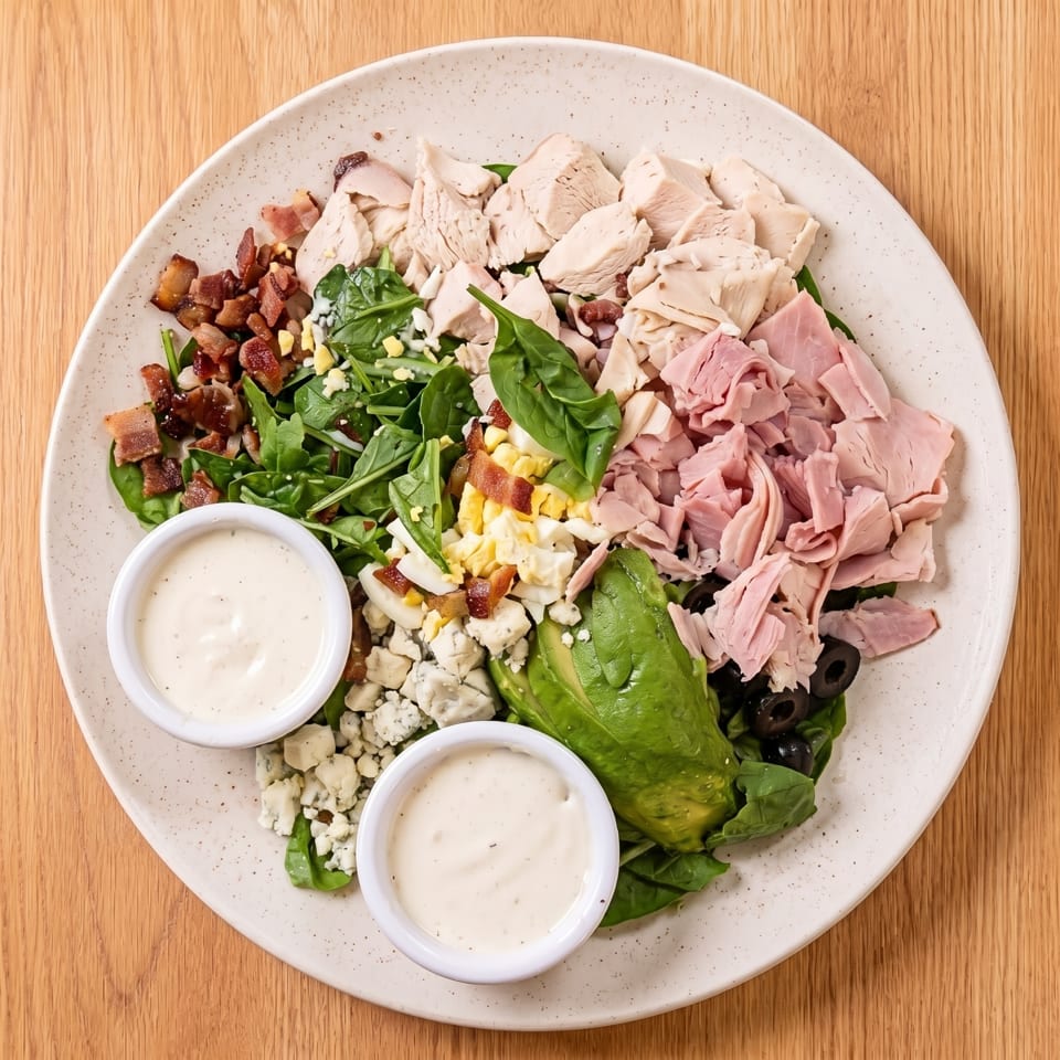 Overhead view of a large Cobb salad with chicken, ham, bacon, avocado, egg, blue cheese, and dressing.