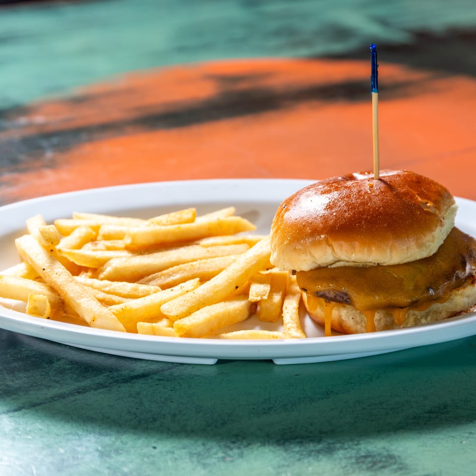 A cheeseburger with melted cheese and a side of golden french fries on a white plate.