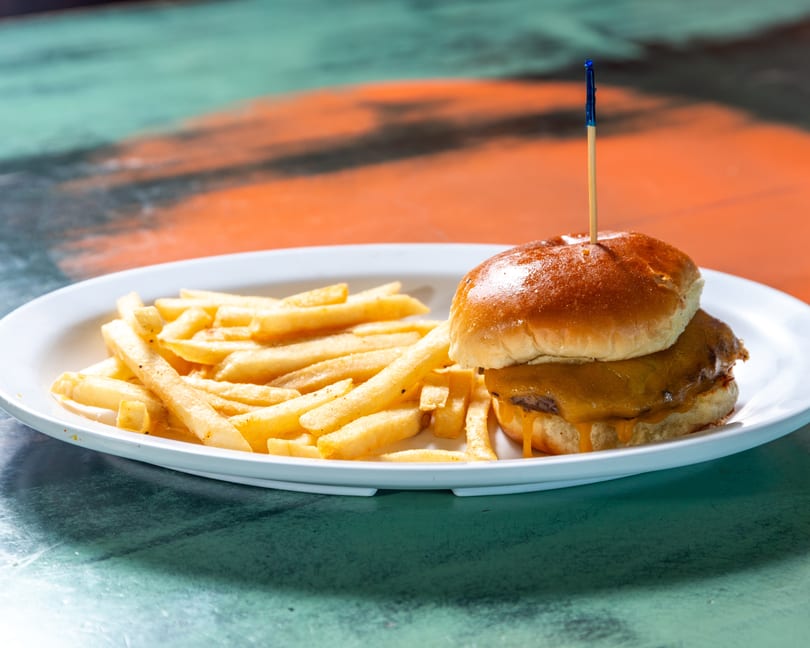 A cheeseburger with melted cheese and a side of golden french fries on a white plate.