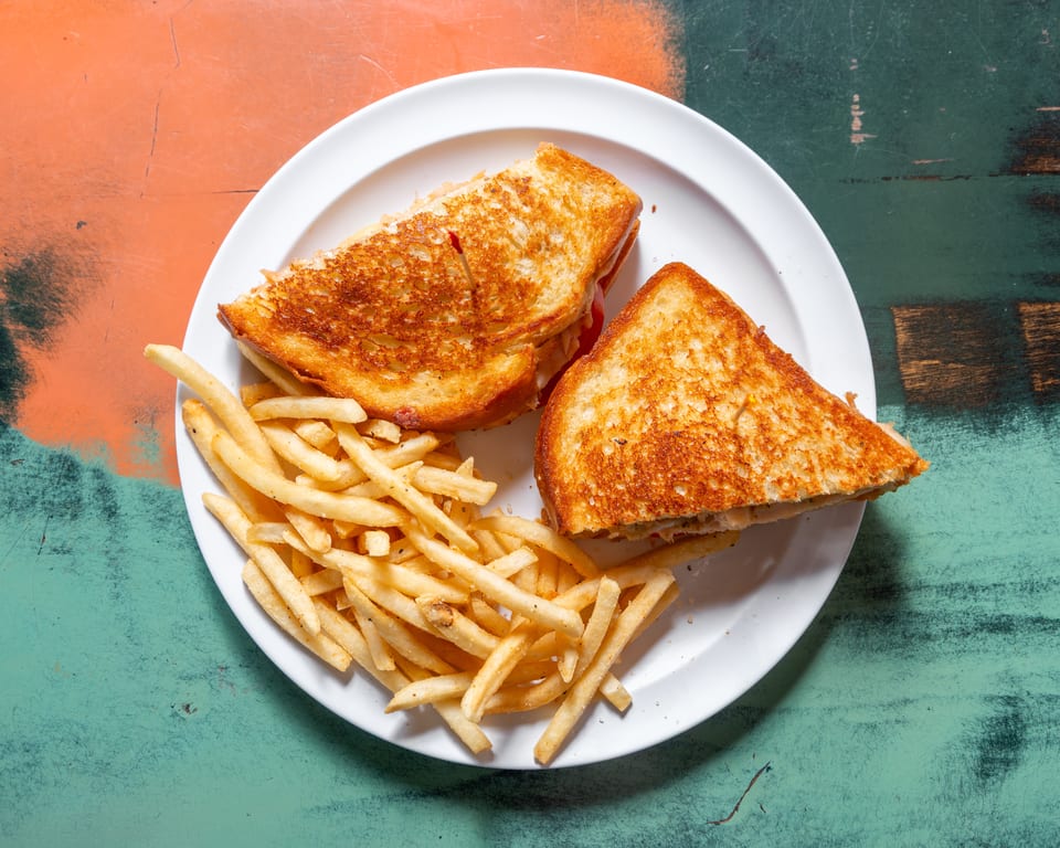 A grilled cheese sandwich, cut in half, with a side of french fries on a white plate.