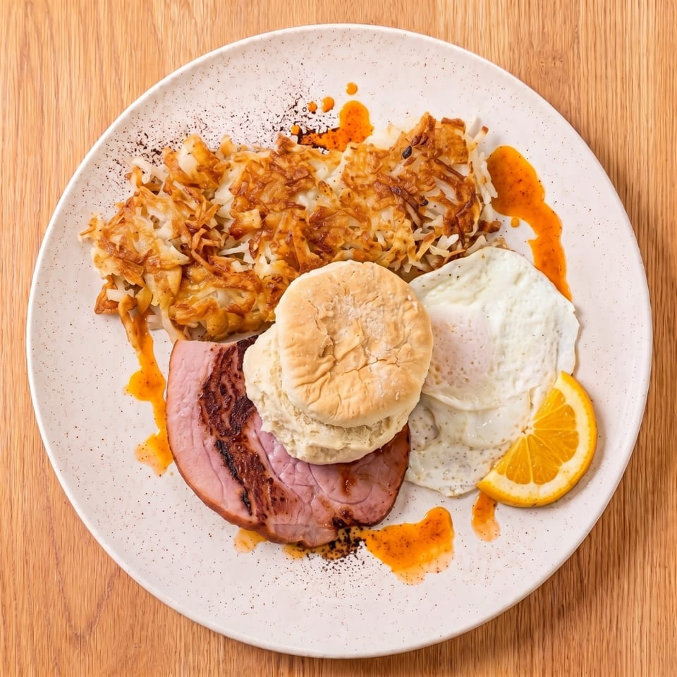 A breakfast plate with hash browns, grilled ham, fried eggs, a biscuit, and an orange slice.